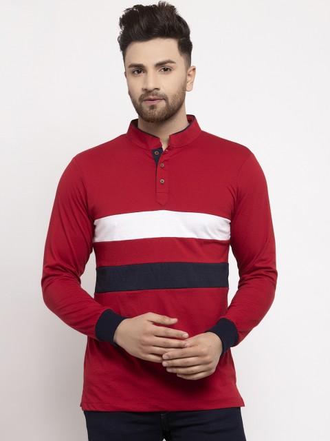 

Kalt Men Red Striped Mandarin Collar T-shirt