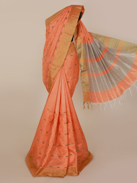 

Pothys Peach-Coloured Embroidered Jute Silk Saree