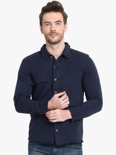 

Kotty Men Blue Striped Denim Jacket, Navy blue