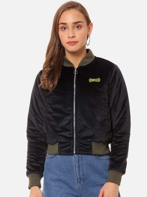 

Campus Sutra Women Black Solid Windcheater Bomber