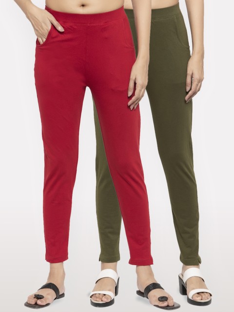 

NEUDIS Women Pack Of 2 Solid Ankle-Length Leggings, Red