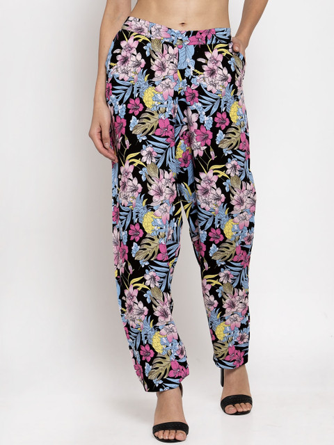 

TAG 7 Women Black & Pink Printed Straight Palazzos