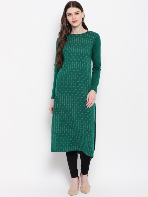 

Janasya Women Green & White Woven Design Straight Woollen Winter Kurta