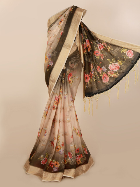 

Pothys Cream-Coloured & Black Linen Blend Printed Saree