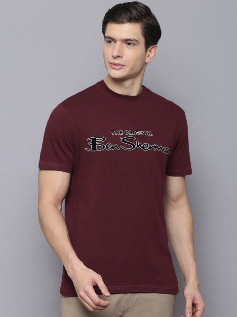 

BEN SHERMAN Men Burgundy Printed Round Neck T-shirt