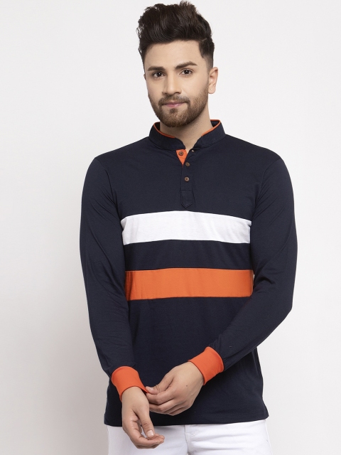 

Kalt Men Navy Blue & Off-White Colourblocked Mandarin Collar T-shirt