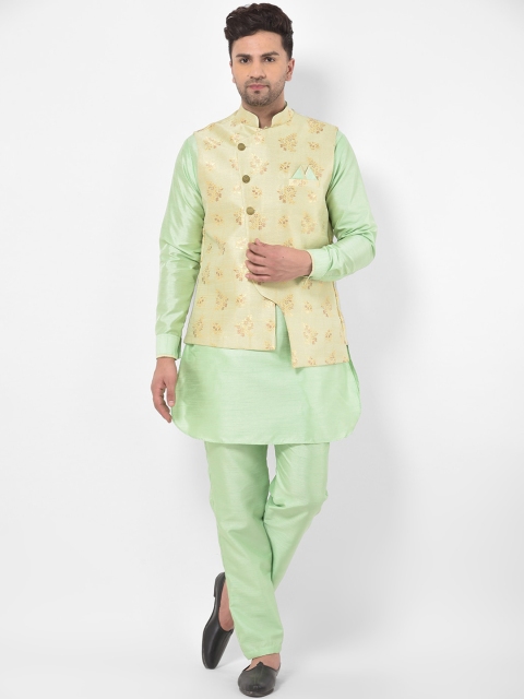 

SG RAJASAHAB Men Green & Gold-Coloured Solid Kurta with Pyjamas & Nehru Jacket