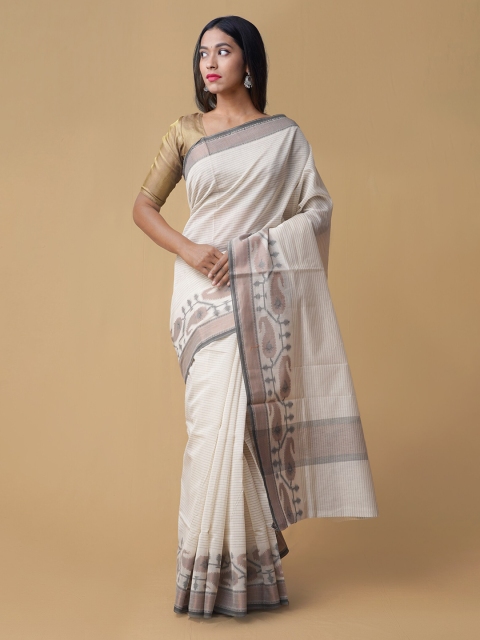 

Unnati Silks Off-White Silk Cotton Striped Chanderi Saree
