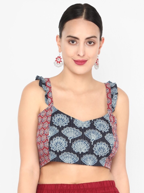 

Molcha Women Blue & Red Printed Readymade Ajrak Saree Blouse