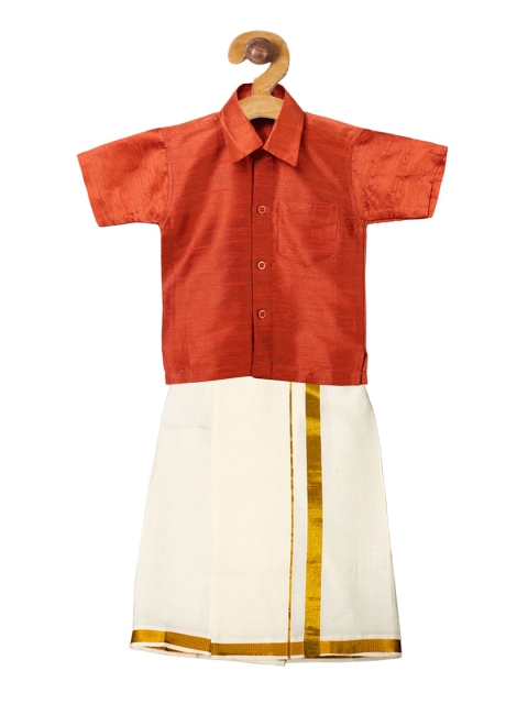 

Ridokidz Boys Orange & Off-White Solid Shirt with Veshti