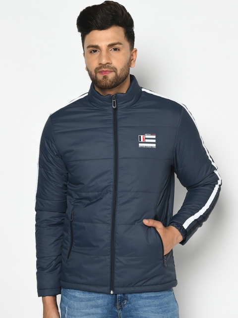 

METTLE Men Navy Blue Solid Padded Jacket with Side Stripes