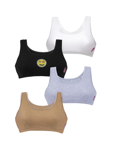 

DChica Pack of 4 Printed Non-Wired Non Padded Beginner Sports Bras DCBRDC6443/xxs, White