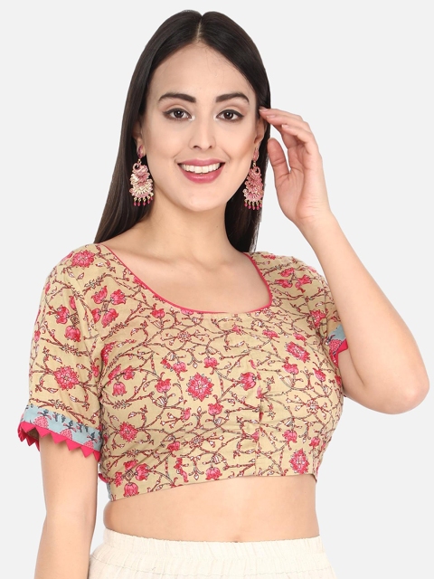 

Molcha Women Beige & Pink Sanganeri Printed Non-Padded Saree Blouse