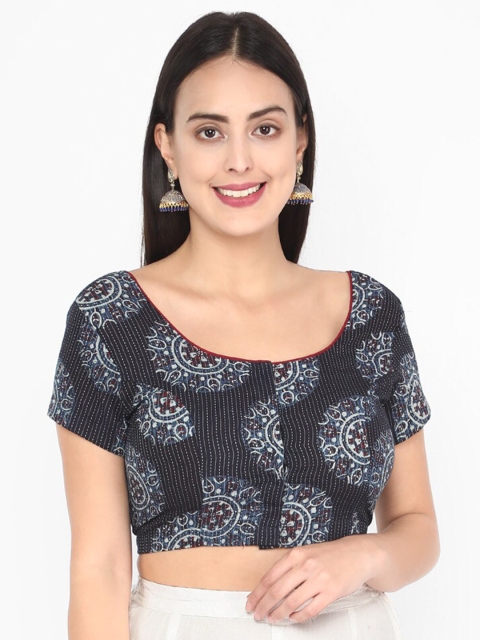 

Molcha Women Blue & Black Ajrak Printed Non-Padded Saree Blouse