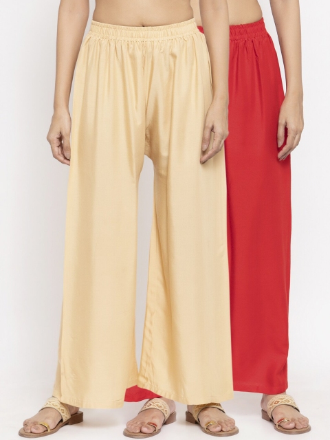 

NEUDIS Women Pack Of 2 Solid Flared Palazzos, Red