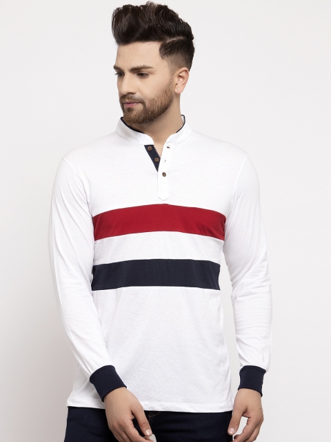 

Kalt Men White & Red Striped Mandarin Collar T-shirt