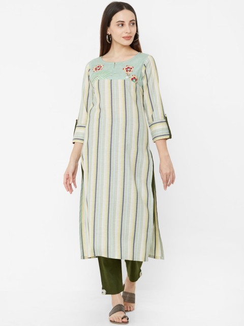 

Os Women Green & Yellow Striped Kurta with Trousers