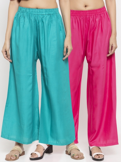 

NEUDIS Women Pack Of 2 Solid Flared Palazzos, Teal