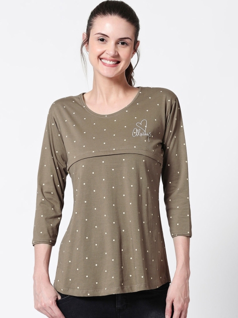 

Zeyo Women Brown & White Polka Dots Printed Feeding Maternity Pure Cotton Top