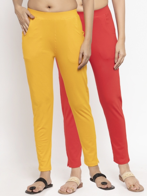 

NEUDIS Women Pack Of 2 Solid Ankle-Length Leggings, Yellow