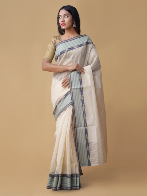 

Unnati Silks Cream-Coloured & Blue Silk Cotton Striped Chanderi Saree