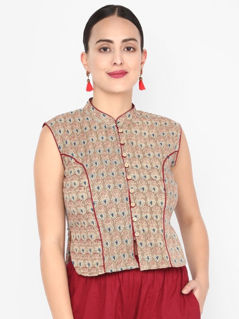 

Molcha Women Beige & Maroon Ajrak Printed Saree Blouse