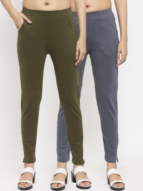 

NEUDIS Women Pack Of 2 Solid Ankle-Length Leggings, Olive