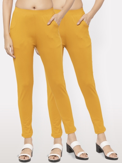 

NEUDIS Women Pack of 2 Mustard Yellow Solid Ankle Length Leggings