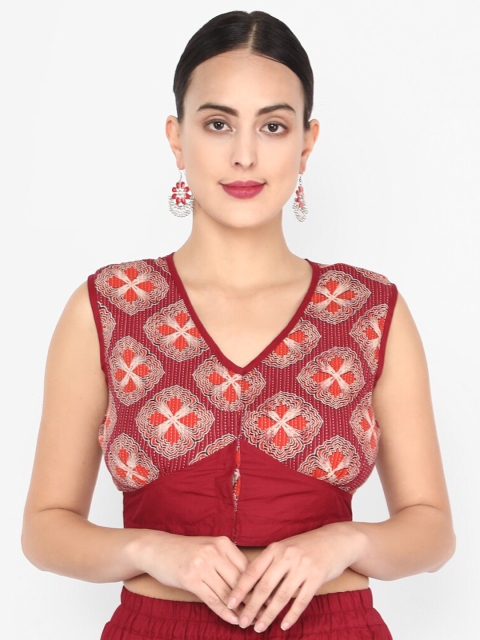 

Molcha Maroon & Beige Ajrak Printed Non-Padded Sleeveless Saree Blouse