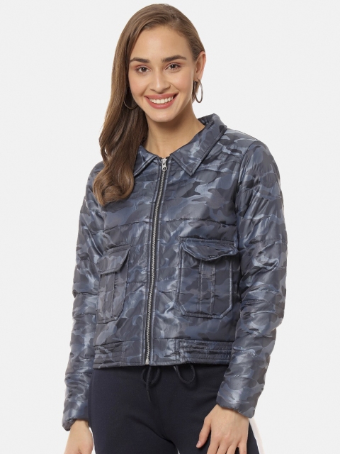 

Campus Sutra Women Navy Blue Self Design Camouflage Windcheater Biker Jacket