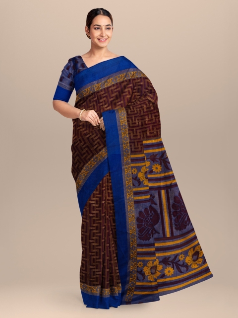 

KLM Fashion Mall Brown & Blue Silk Blend Printed Saree