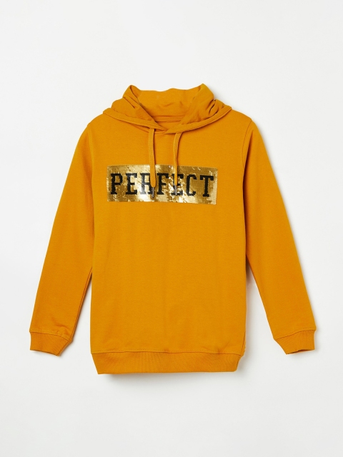 

Bossini Boys Mustard Yellow & Black Printed Hooded Sweatshirt