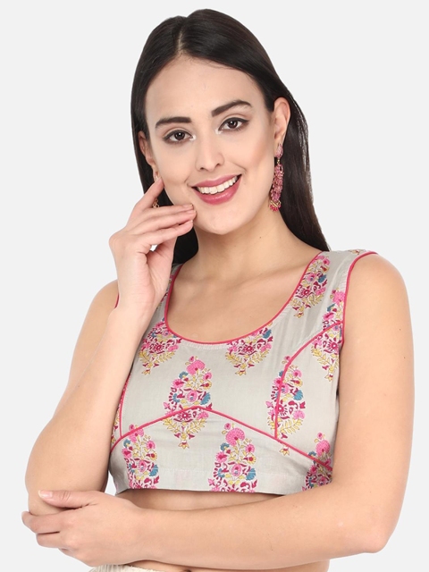 

Molcha Women Grey & Pink Sanganeri Printed Non-Padded Readymade Saree Blouse