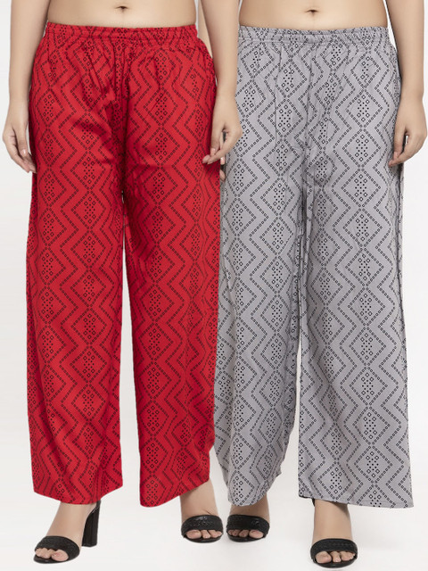 

KLOTTHE Women Pack Of 2 Grey & Red Printed Straight Palazzos