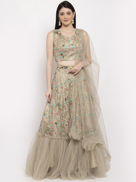 

KHALOM Olive Green & Gold-Coloured Embroidered Ready To Wear Lehenga With Blouse & Dupatta