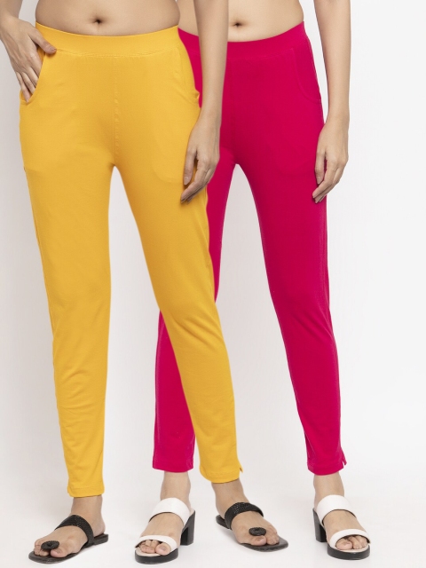 NEUDIS Women Pack Of 2 Solid Ankle-Length Leggings, Yellow