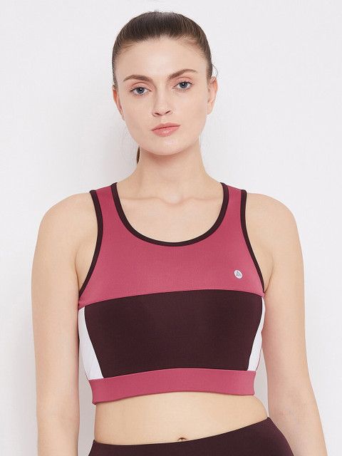 

Athleto Pink & Black Colourblocked Non-Wired Lightly Padded Workout Bra AWBT009-Peach