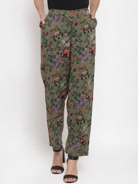 

TAG 7 Women Olive Green Printed Straight Palazzos
