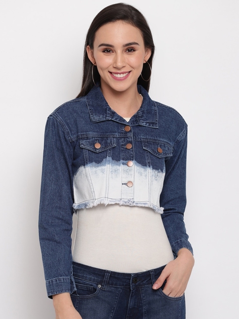 

TALES & STORIES Women Blue Colourblocked Crop Denim Jacket