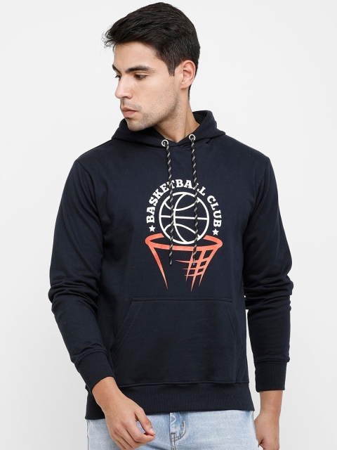 

MADSTO Men Navy Blue & Orange Printed Hooded Sweatshirt