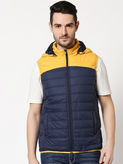 

Bewakoof Men Yellow & Navy Blue Colourblocked Hooded Puffer Jacket