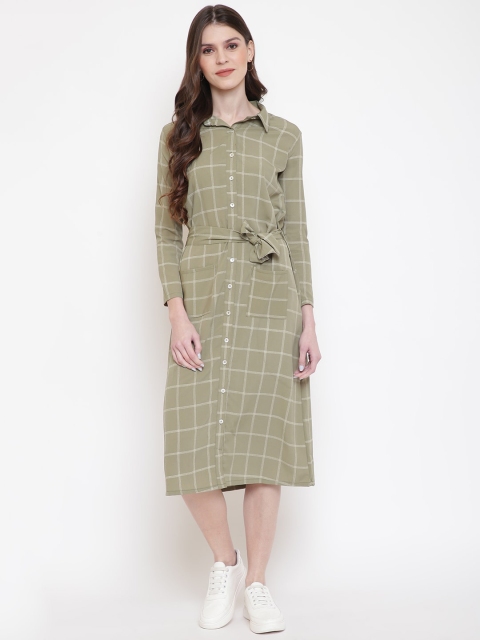 

Mayra Women Olive Green Checked Shirt Dress
