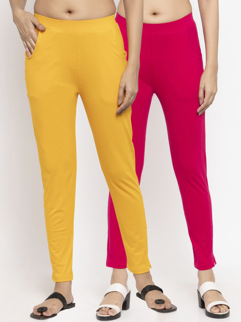 

NEUDIS Women Pack Of 2 Solid Ankle-Length Leggings, Yellow