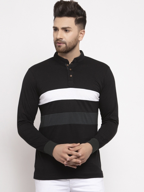 

Kalt Men Black & White Striped Mandarin Collar T-shirt