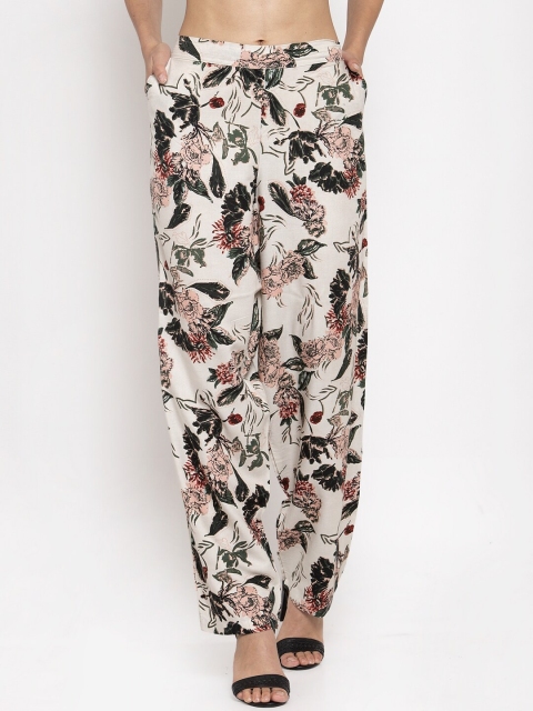 

TAG 7 Women Cream-Coloured & Pink Printed Straight Palazzos