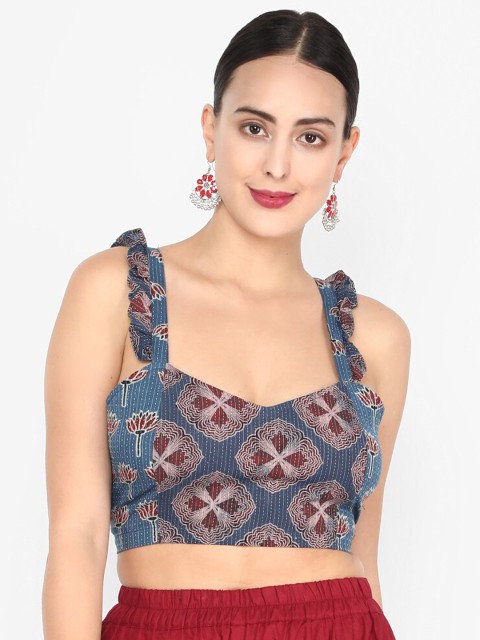

Molcha Women Blue Ethnic Printed Non-Padded Saree Blouse