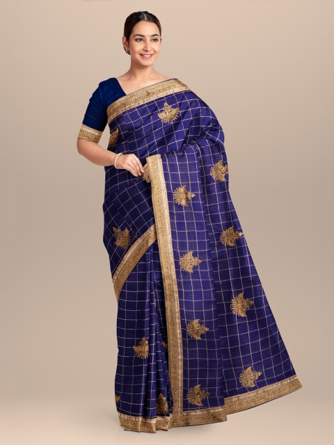 

KLM Fashion Mall Blue & Gold-Toned Silk Blend Checked Saree