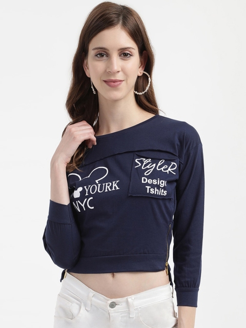 

V2 Value & Variety Women Navy Blue & White Printed Crop Top