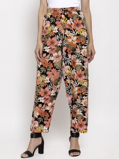 

TAG 7 Women Black & Orange Floral Printed Straight Palazzos