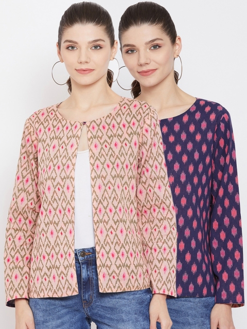 

Color Cocktail Women Navy Blue & Peach-Coloured Printed Reversible Open Front Jacket